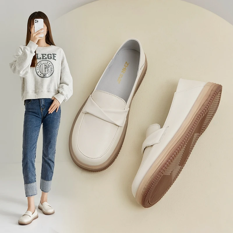 ZHR/则则单鞋女时尚优雅真牛皮乐福鞋女轻便两穿英伦一脚蹬女鞋