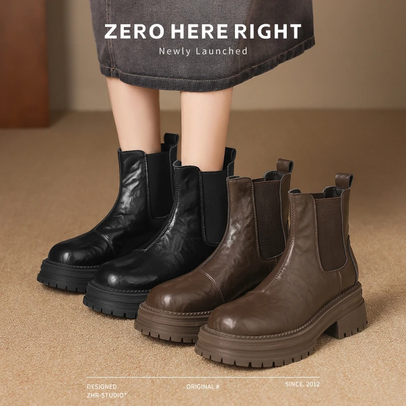 ZHR/则则切尔西靴女秋冬新款真皮复古百搭弹力软底加绒瘦瘦短靴Z