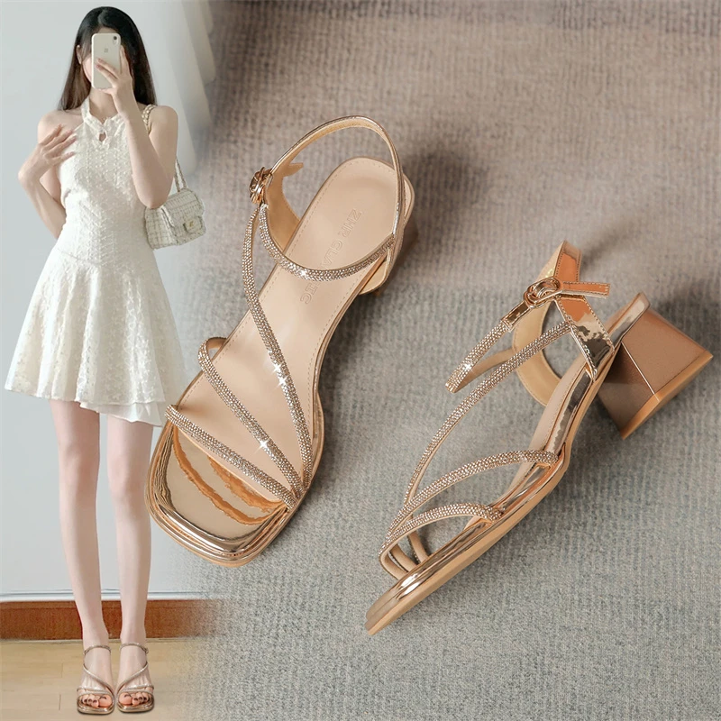 ZHR/则则星钻凉鞋女粗跟2025夏季新款妈妈仙女风配裙子高跟鞋女