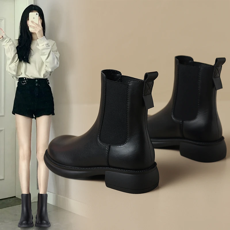 ZHR/则则厚底短靴休闲通勤真牛皮女靴时尚潮流百搭增高显瘦靴子女