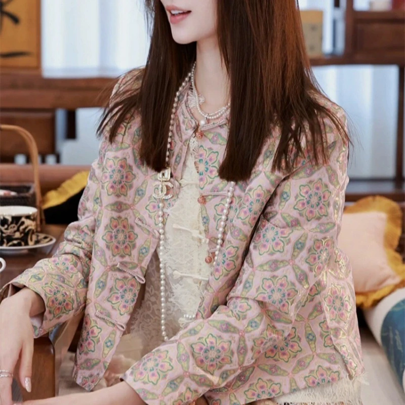 新中式女装粉色宋锦短款上衣女秋季2025新款唐装高级感轻国风外套