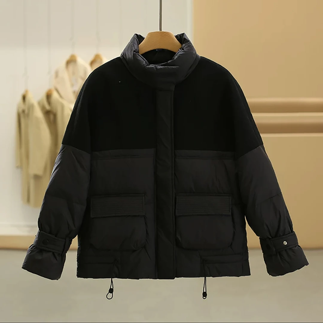 门店在售1299！冬季女士拼接休闲宽松立领羽绒服K431