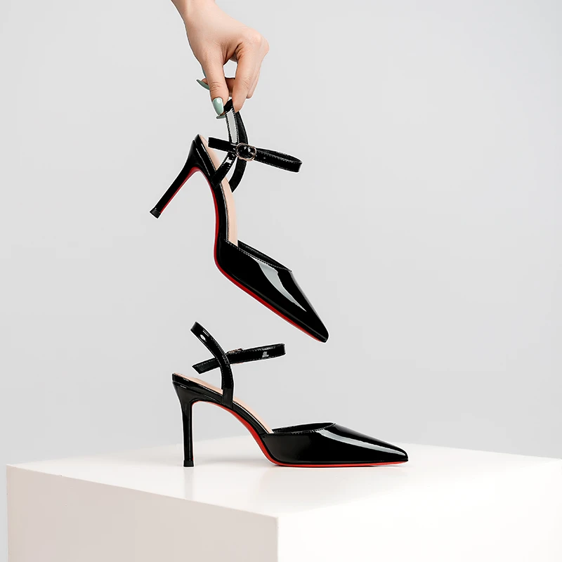 红色底高跟鞋女浅口黑色性感细跟尖头高级感裸色漆皮凉鞋单鞋夏季