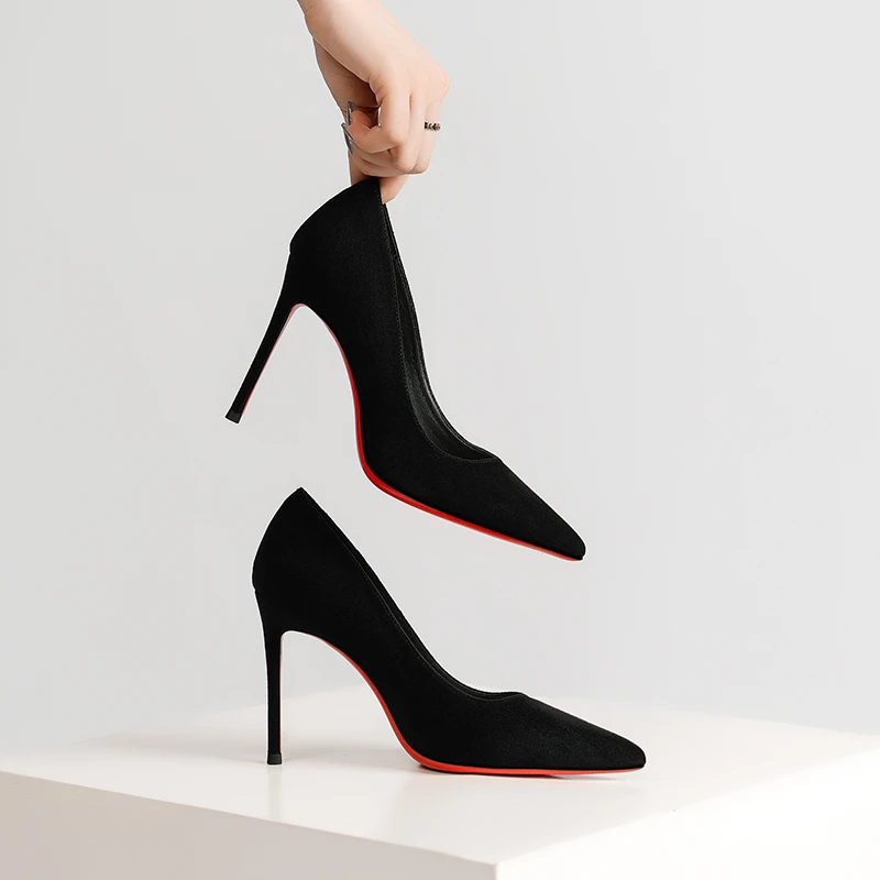 2026新款红底绒面黑色浅口高跟鞋女细跟时尚百搭细跟气质尖头单鞋