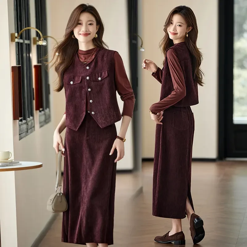 安可拉红气质高级感套装裙女秋季2024新款小香风马甲半身裙三件套