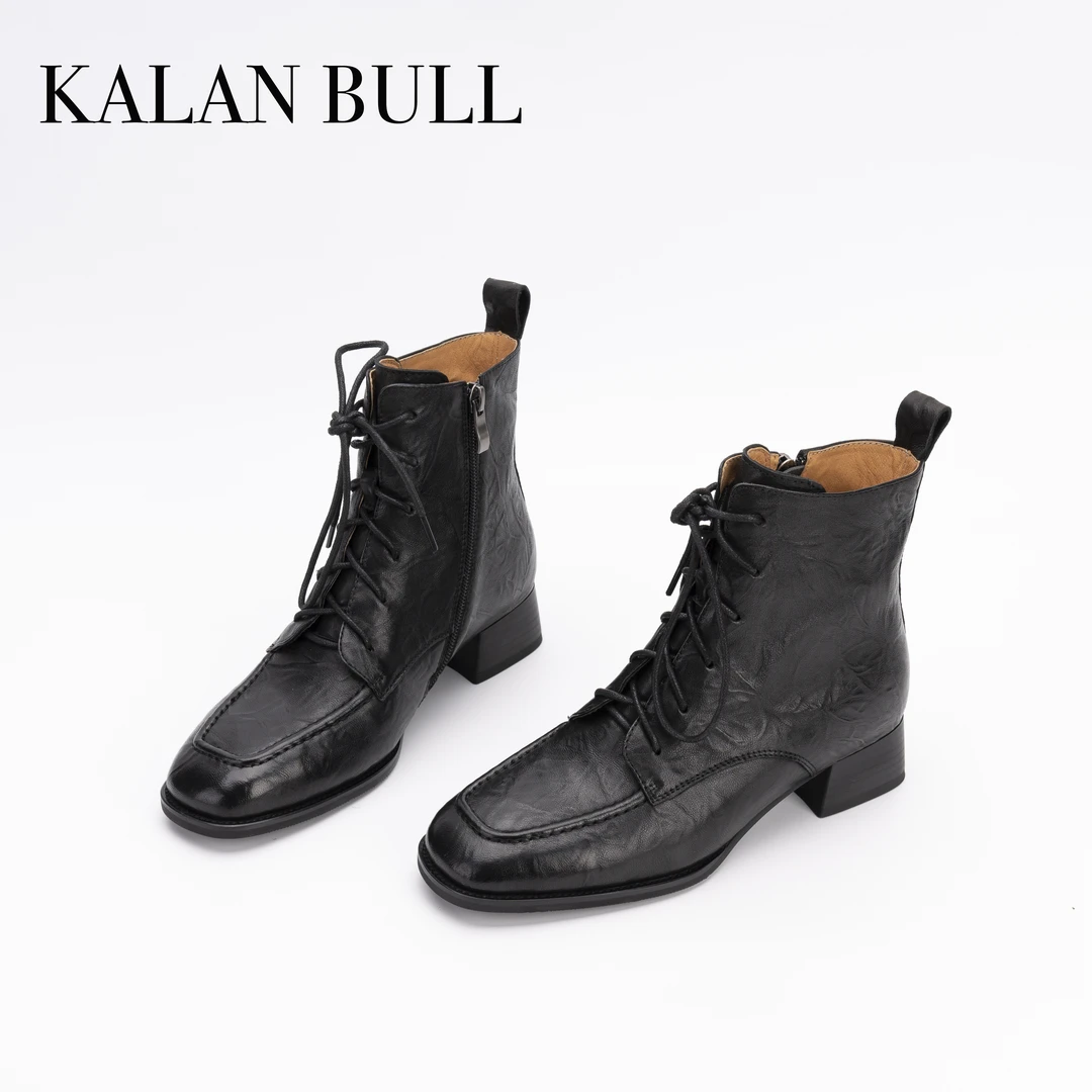 K2106头层羊皮2024新款真皮英伦风靴子棕色马丁靴时尚粗跟方头女