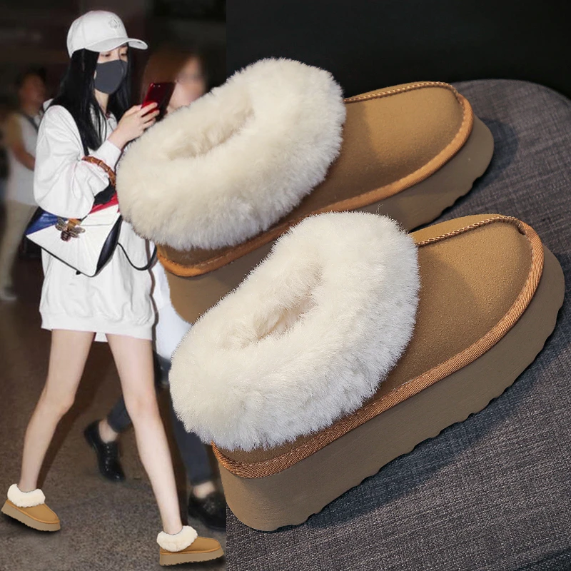 红蜻蜓牌毛毛雪地靴女冬2023新款松糕厚底面包鞋加绒加厚保暖棉鞋