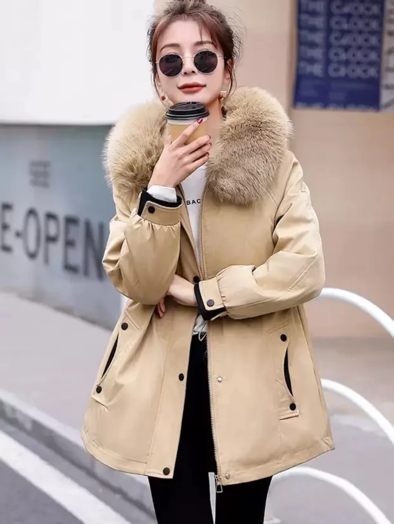 欧货大毛领加绒加厚派克服女冬季新款流行收腰棉衣中长款连帽外套