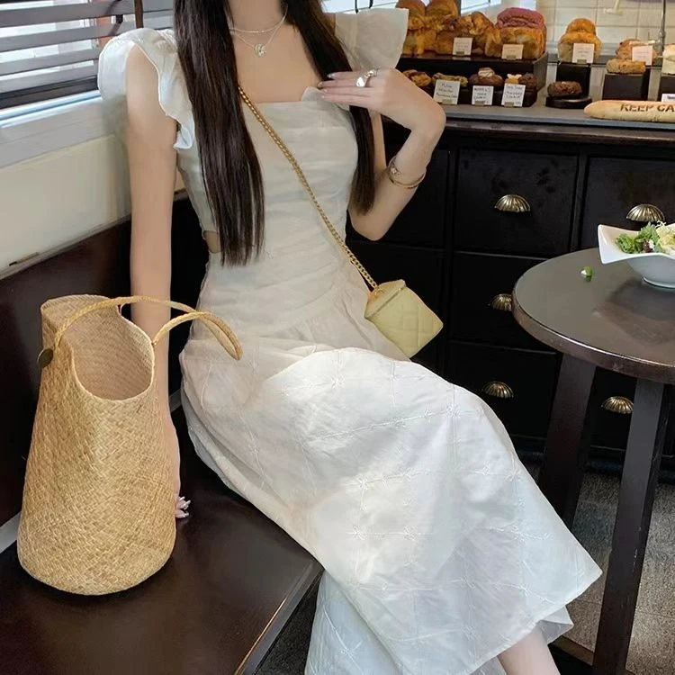 【QIUQIU】法式重工提花白色连衣裙女装连衣裙收腰显瘦长裙JX68055