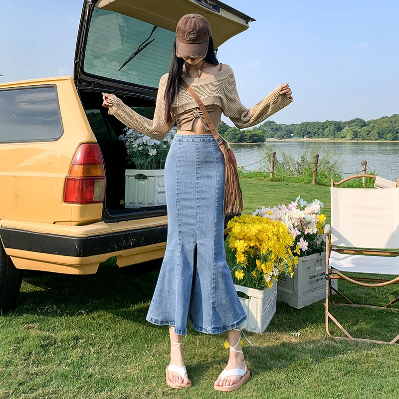 鱼尾裙半身裙女秋冬高腰显瘦牛仔裙设计感小众中长款黑色包臀裙潮