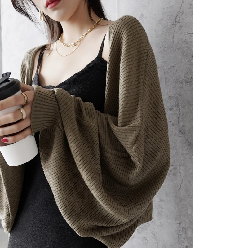 春夏针织外套开衫女垂感时髦洋气外穿坎肩罩衫灯笼袖披肩外搭上衣