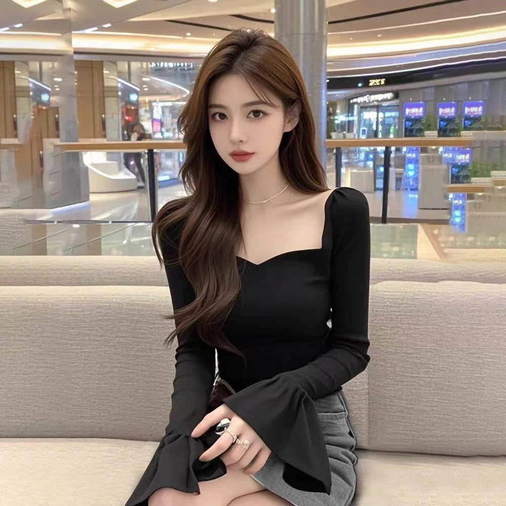 秋冬别致甜辣妹喇叭长袖方领锁骨打底衫女内搭设计感修身短款上衣