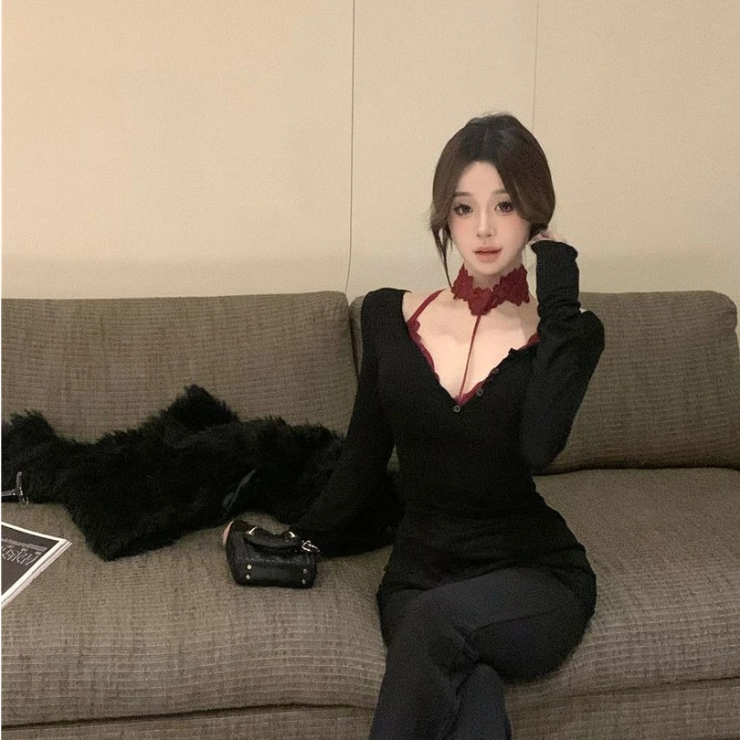 纯色性感蕾丝挂脖吊带背心辣妹修身气质不规则一字肩长袖T恤女