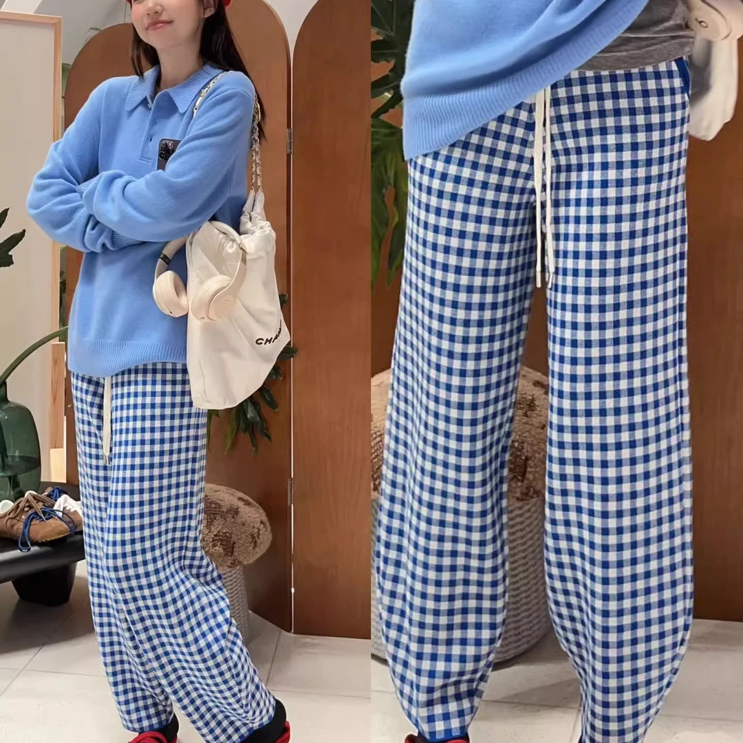 京熹服饰亲妈~24秋冬新款系带直筒休闲简约格纹超细羊毛长裤束脚