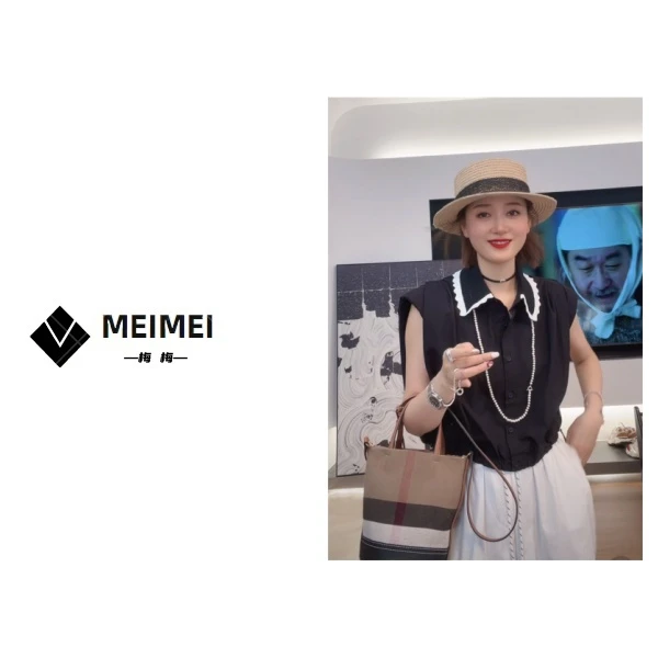 XMM.《拼色领小衬衣》夏季时尚百搭洋气休闲小众气质飞飞袖衬衣7959