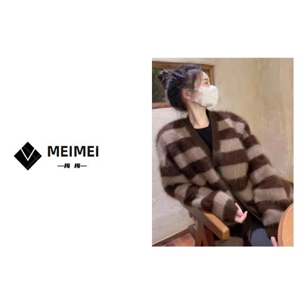 XMM.《条纹骆马毛毛衣》休闲百搭网红宽松时尚慵懒风毛衣-86182