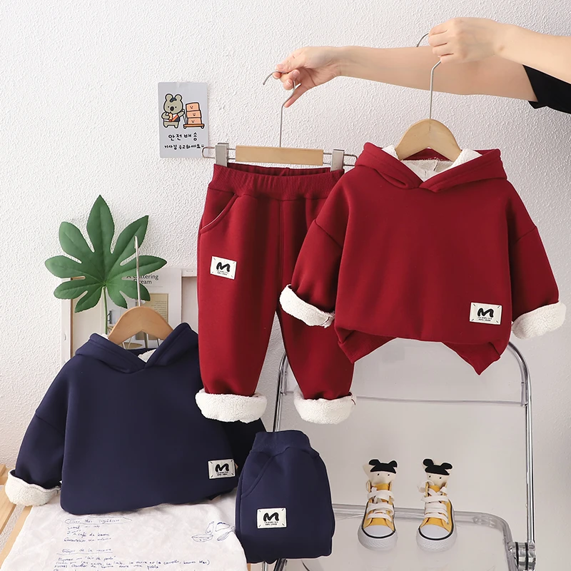 2025款0-5岁儿童加绒加厚小恶魔连帽卫衣男宝两件套保暖过冬2套装