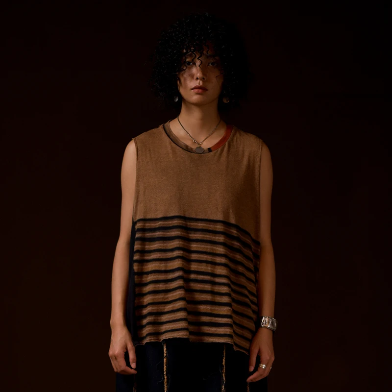 左岸迷香棉麻针织背心 宽松圆领休闲套头22SS4009