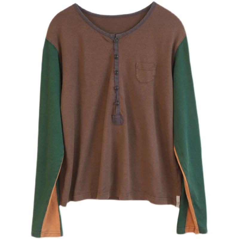 54607左岸迷香原创设计棉麻拼接针织长袖T恤 透气舒适