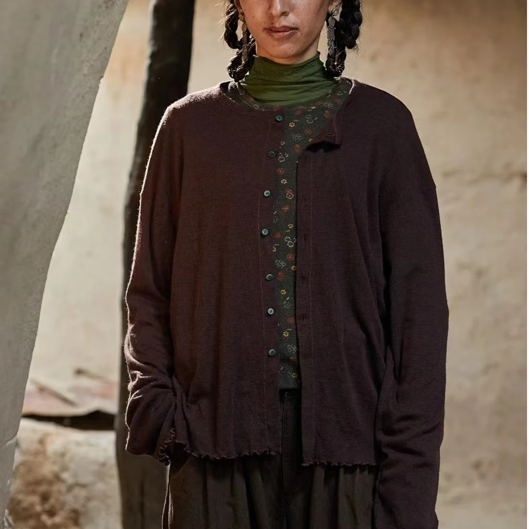 24FW4001针织衫长袖复古圆领文艺宽松休闲斜襟