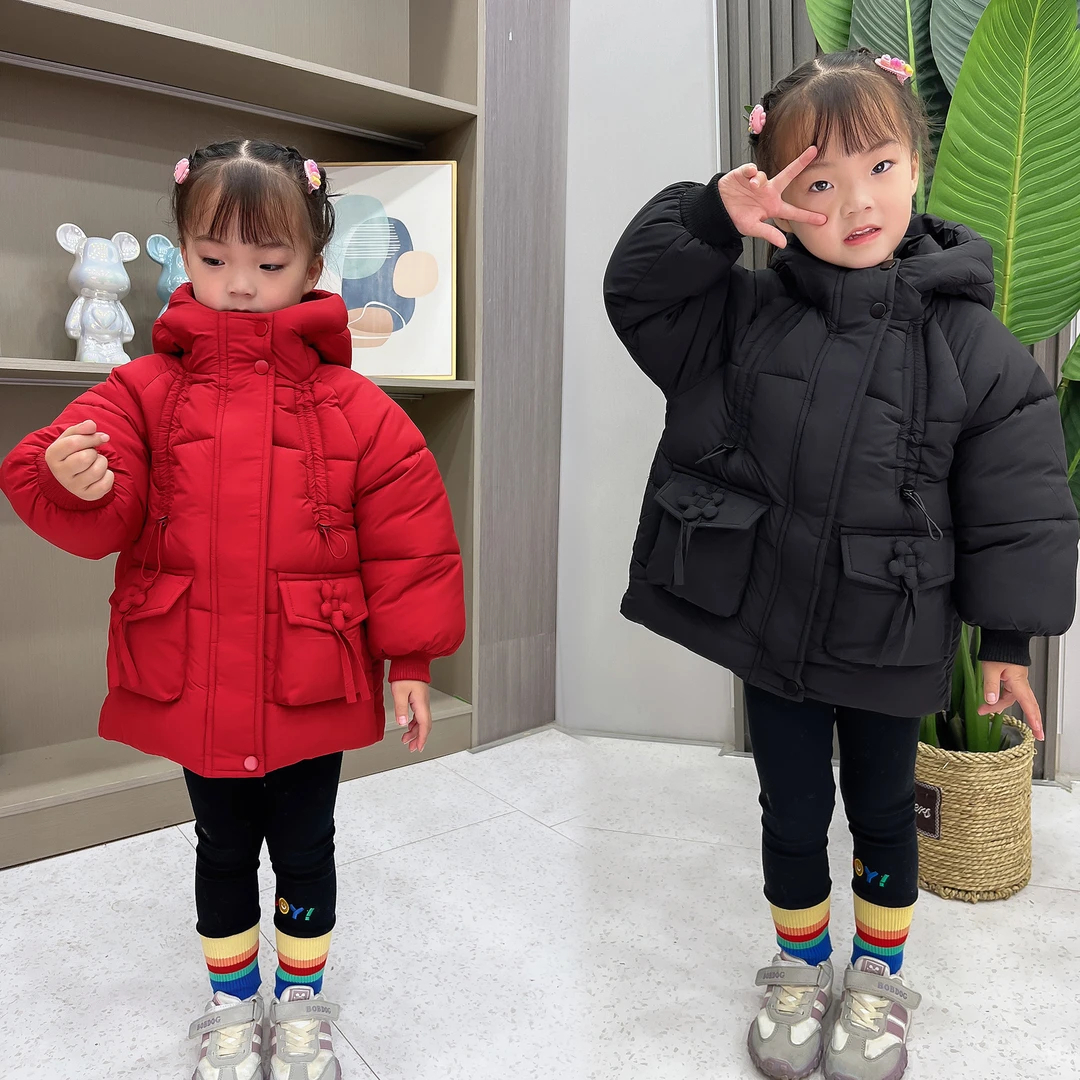 女童冬季棉衣2024新款女宝宝网红时尚加绒加厚口袋花朵棉服