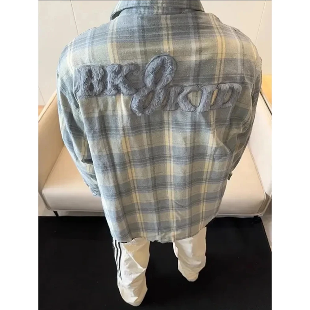 美式复古植绒刺绣格子衬衫男长袖春秋季设计感小众衬衣高级感外套