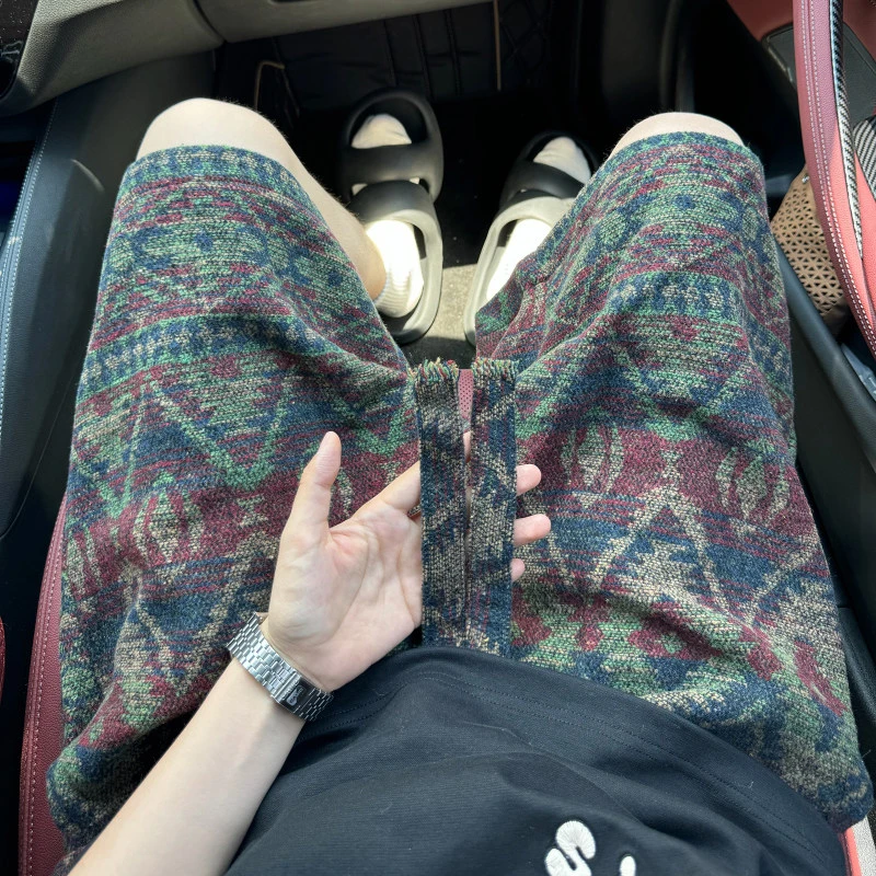 针织脏脏风短裤男夏季民族风印花过膝五分裤休闲痞帅oversize中裤