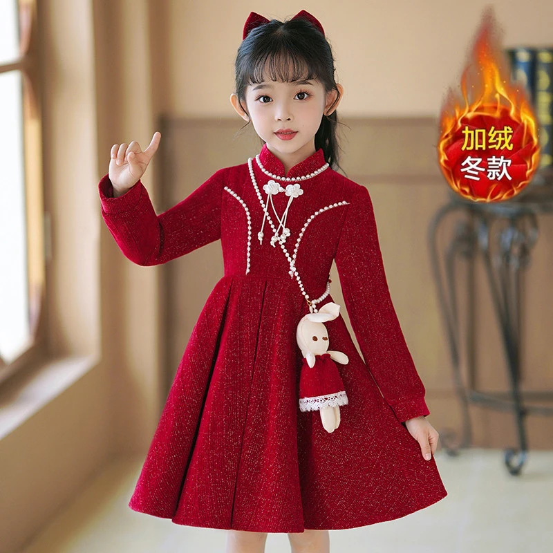 女童旗袍连衣裙秋冬新款小女孩公主裙冬季中国风唐装儿童长袖裙子