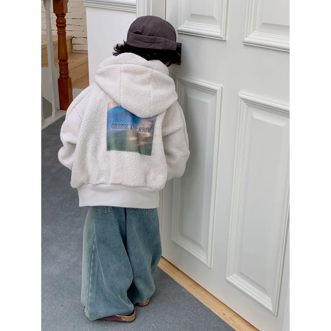 韩版男童外套2023冬季新款儿童时尚加绒连帽毛毛衣中小童夹克衫潮