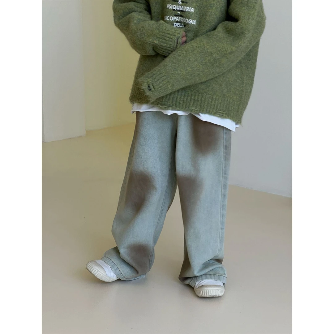 奶酪与喵男童2024秋季韩版新款做旧脏脏裤中大童休闲直筒牛仔裤