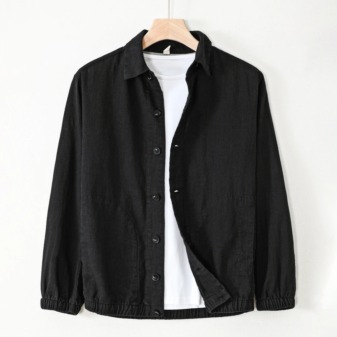 春季男士棉麻夹克外套衬衫纯色潮流简约复古宽松百搭休闲棒球服男