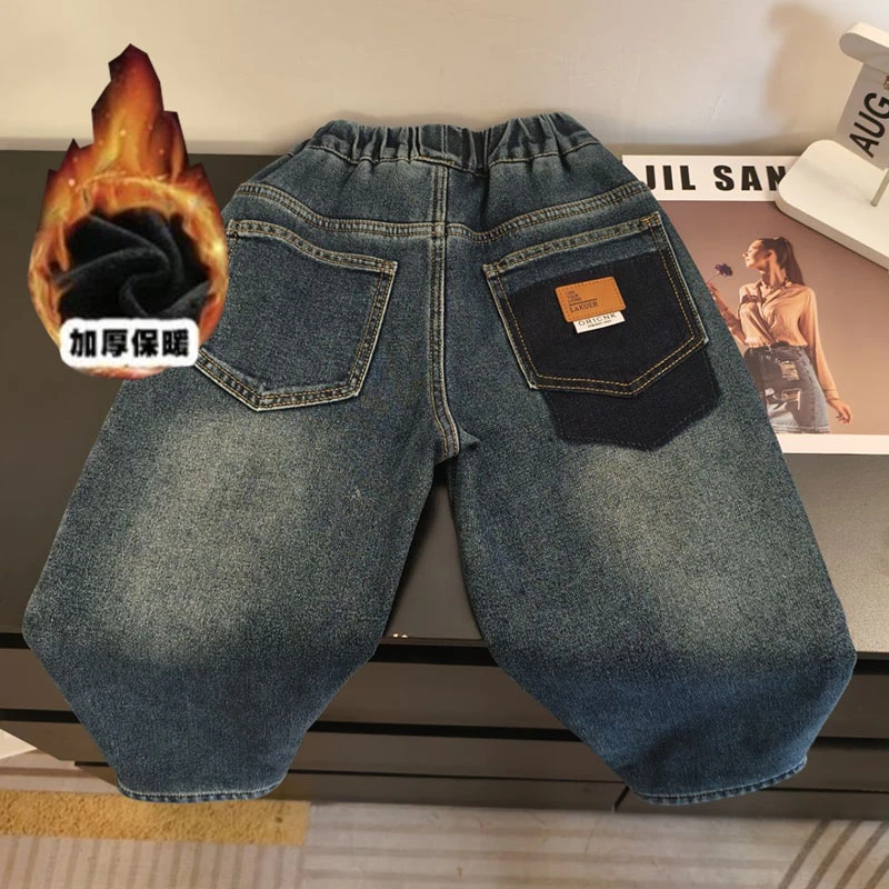 男女童秋冬加绒牛仔裤2024新款小中大童韩版帅气休闲宽松老爹长裤