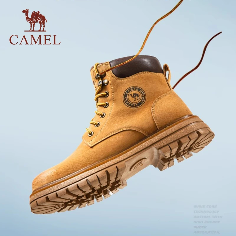 CAMEL/骆驼大黄靴2023新款情侣款休闲厚底户外登山真皮工装马丁靴