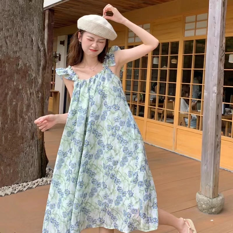 性感露背碎花吊带连衣裙2024夏季新款温柔风甜美海边度假长裙8005