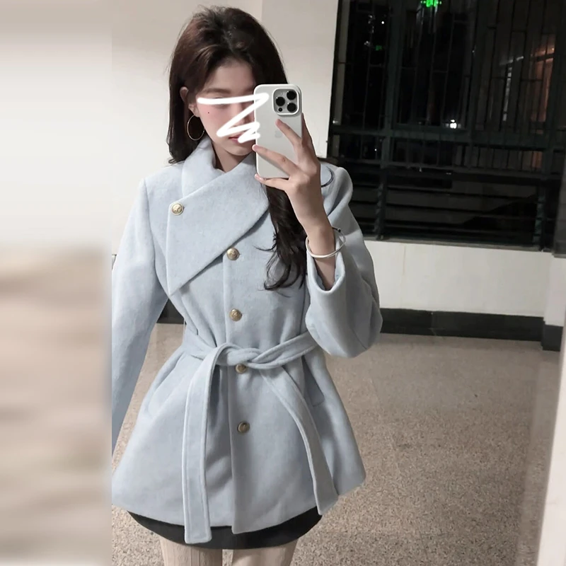 蓝色毛呢外套女冬季2025高级感千金风收腰加厚小个子穿搭短款大衣