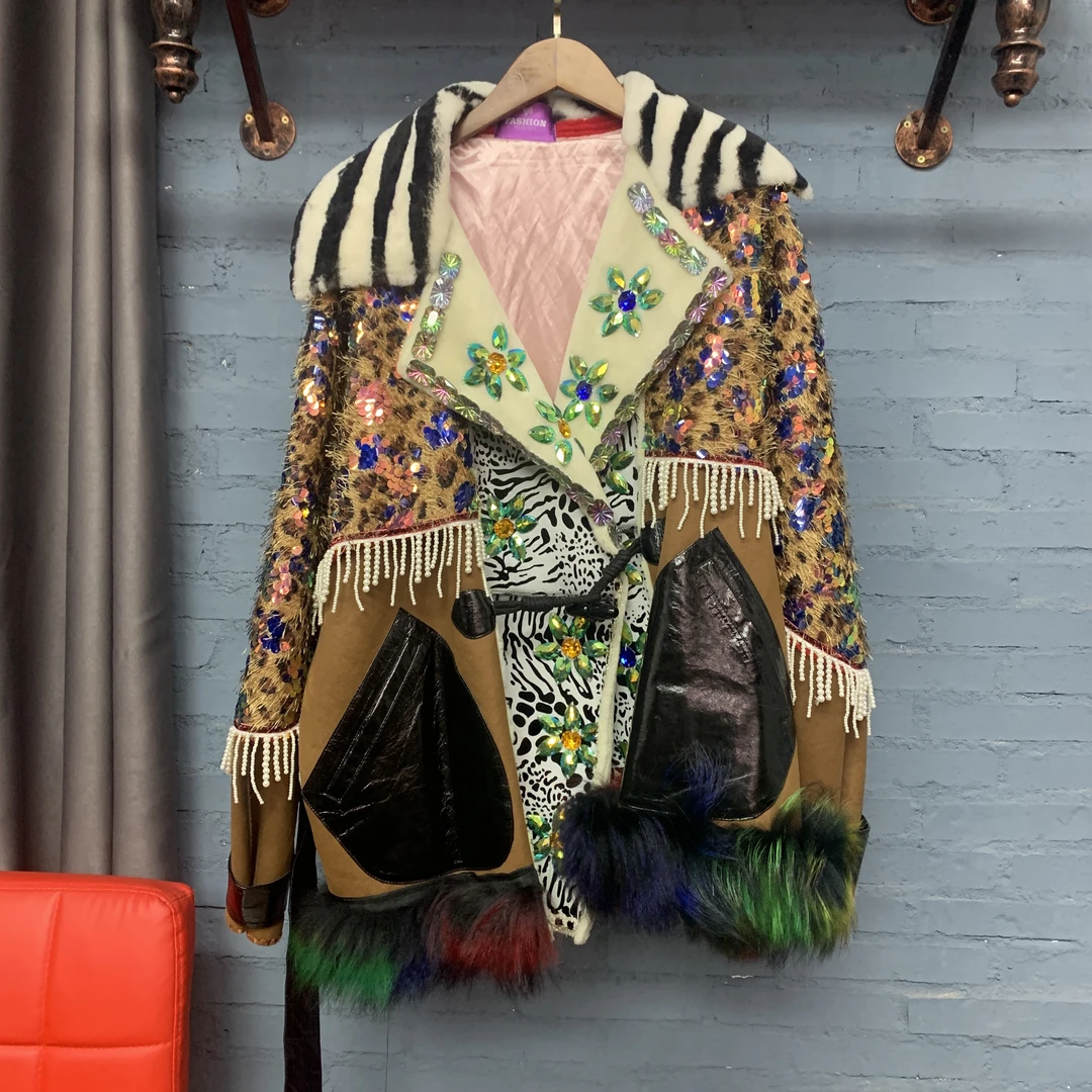 秋冬新品 手工亮片毛毛拼接 轻奢咖啡色外套