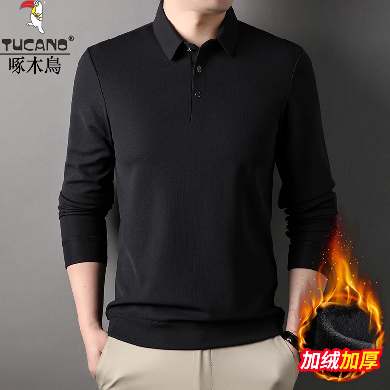啄木鸟加绒保暖POLO衫男冬季加厚休闲百搭宽松翻领弹力中年保暖衣