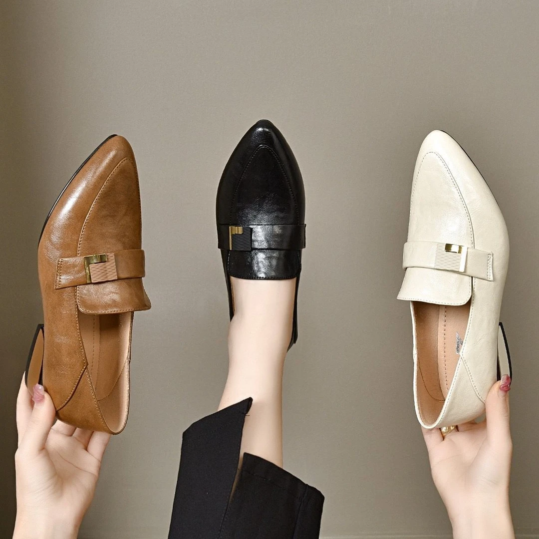 2024新款春季真皮粗跟单鞋女尖头中跟软皮女鞋春款英伦风高跟皮鞋
