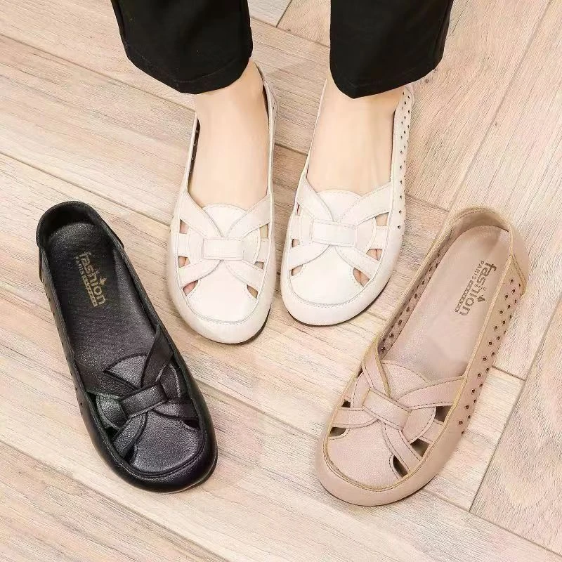 2219新款夏季女凉鞋防滑透气中老年妈妈鞋圆头浅口平底舒适镂空鞋