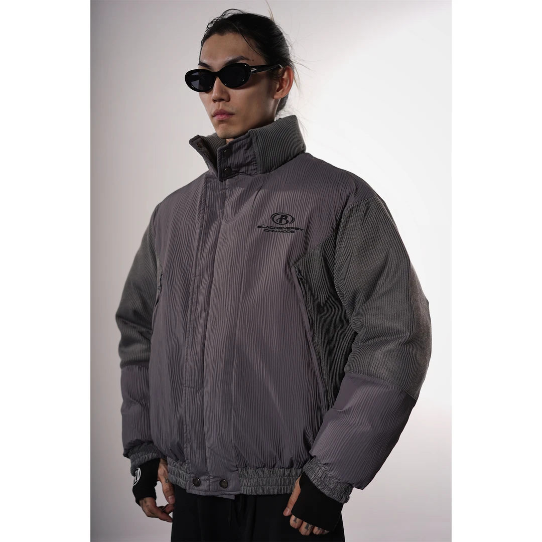 凯尔MAX冬季宽松美式高街竖纹拼接拼料刺绣设计感立领外套棉衣