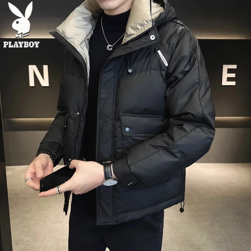 花花公子新款男士羽绒服冬季加厚潮流痞帅短款连帽男款冬装外套