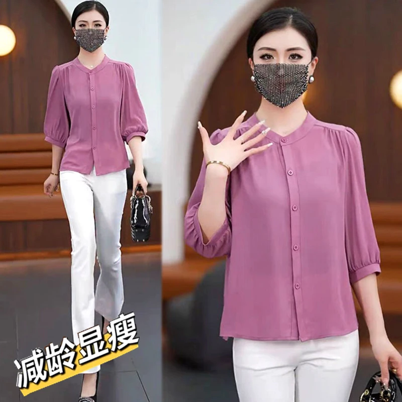 【多款多码】夏季中袖薄款冰丝衬衫大码宽松显瘦遮肚洋气减龄上衣