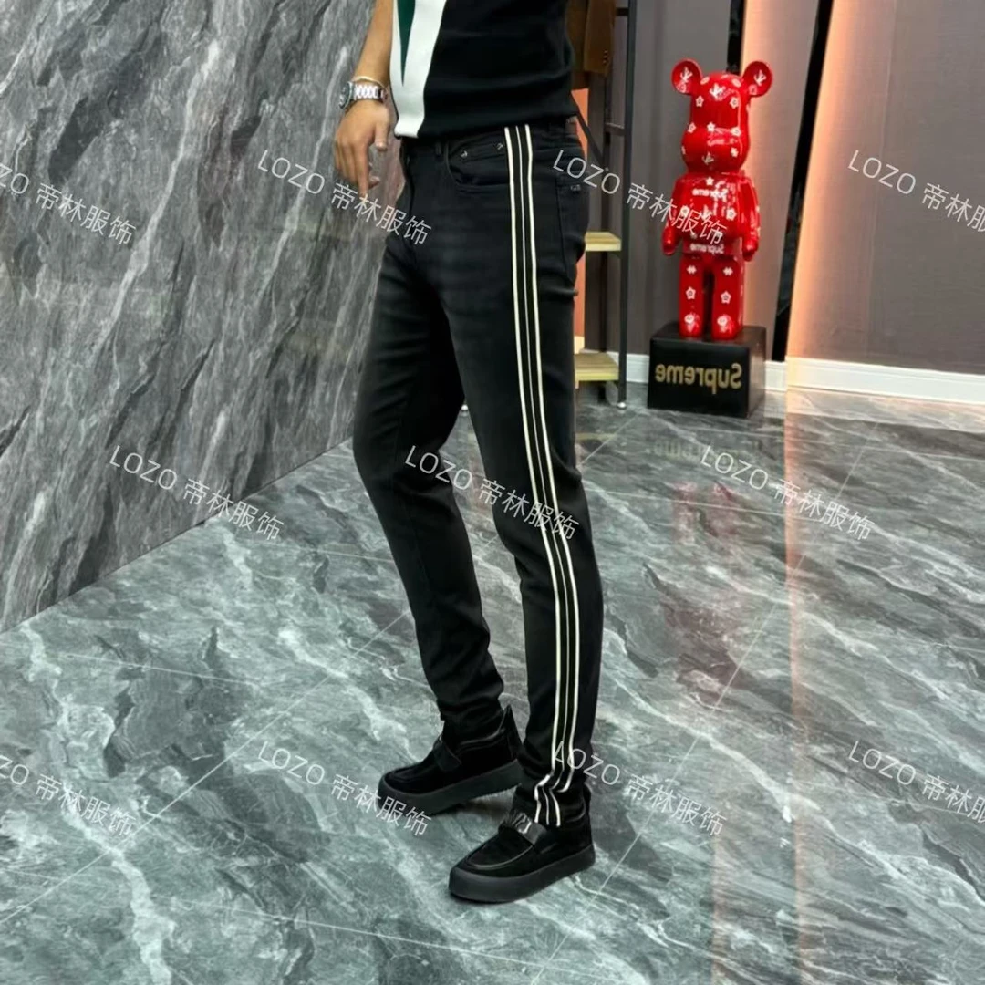 高档男士牛仔裤拼接条纹小脚裤舒适百搭休闲长裤