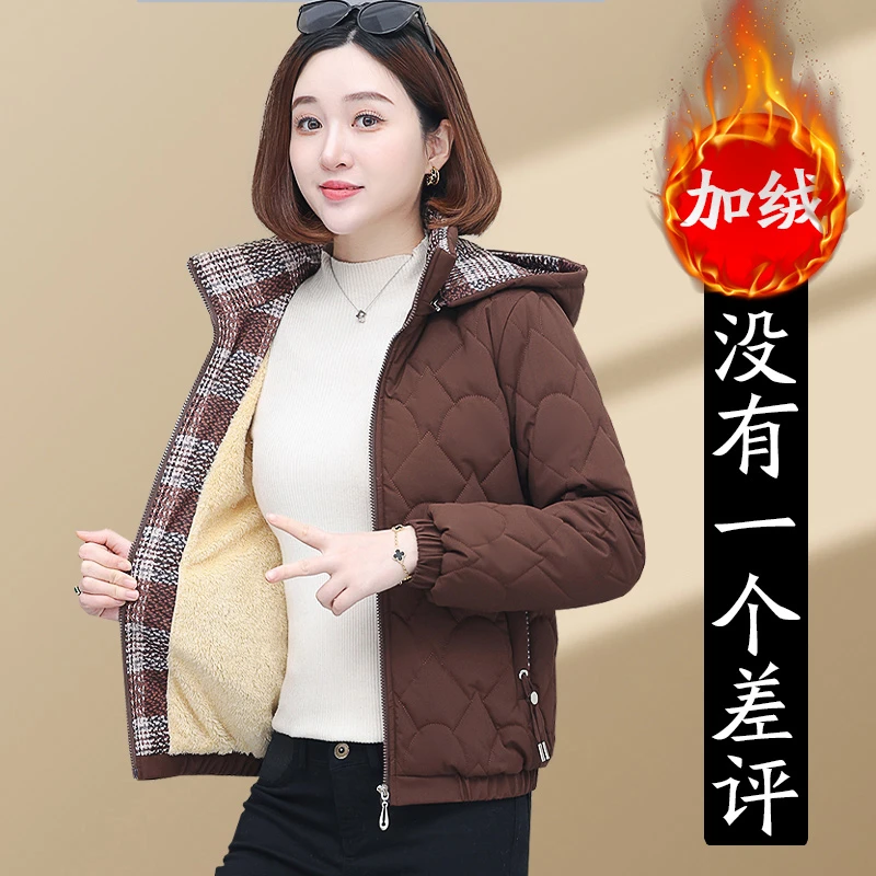 时尚棉衣加绒外套女休闲百搭宽松中年妈妈爆款冬装棉袄外套羽棉绒