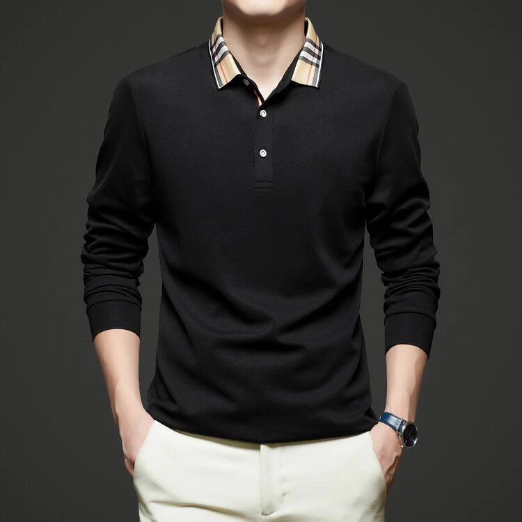 欧洲英伦品牌巴家奢品春秋款纯棉休闲T恤中青年商务长袖polo衫男