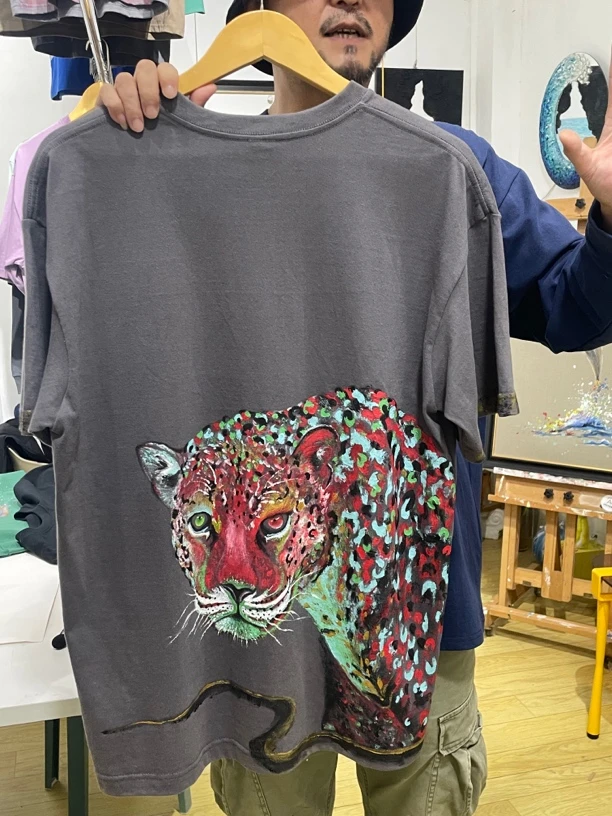 手绘金钱豹原创设计潮流时尚休闲T恤纯棉圆领宽松黑色