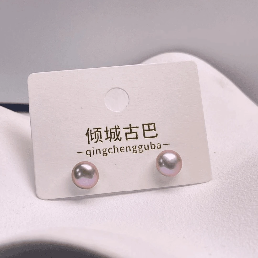 天然淡水古巴6-8mm粉紫耳钉S925银时尚气质素款百搭紫色简单简约