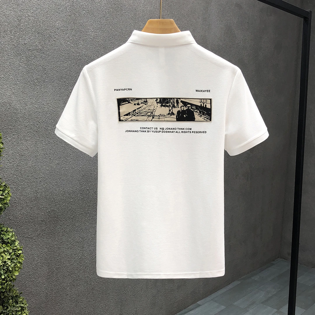 景君澜轻奢痞帅个性贴布图翻领短袖体恤男夏季潮流修身百搭POLO衫