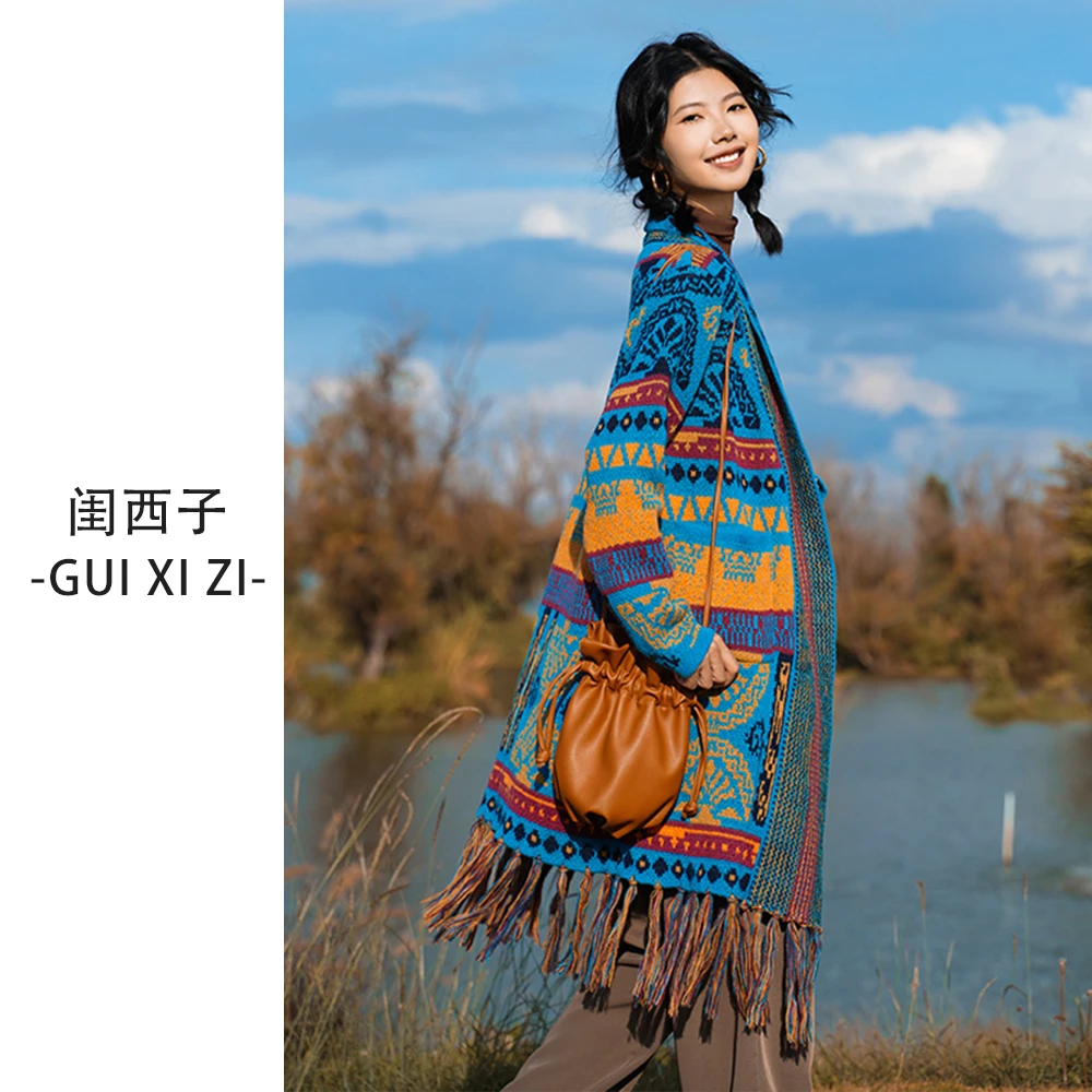 1058 云南旅行民族风针织毛衣女外套上衣保暖加厚宽松中长款开衫