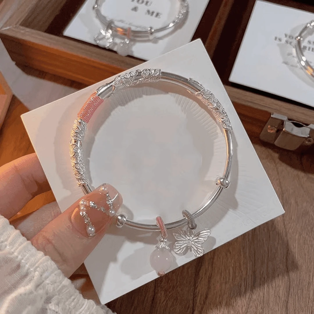 足银手镯 繁花似锦Kitty猫吊坠编绳足银999手镯节日送女友礼物